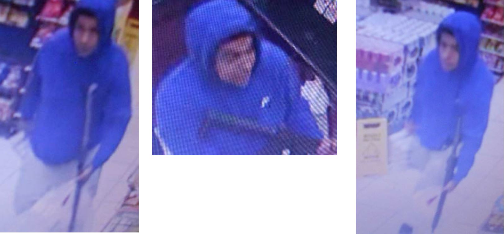 Store footage collage of male robbery suspect wearing a bright blue hoodie and light gray sweatpants.